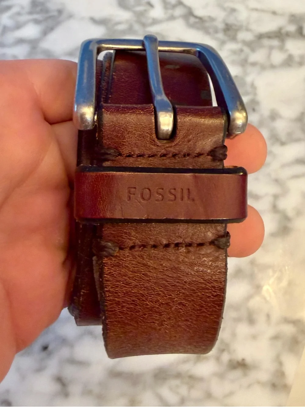 Y2K Fossil Brown Leather Belt Size 38 Vintage 90s Nickel Belt Buckle Preppy EUC